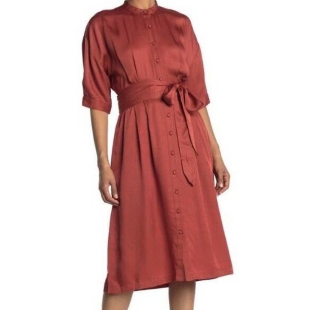 SEA New York‎ Button Front Waist Tie Dress Satin Rust Red